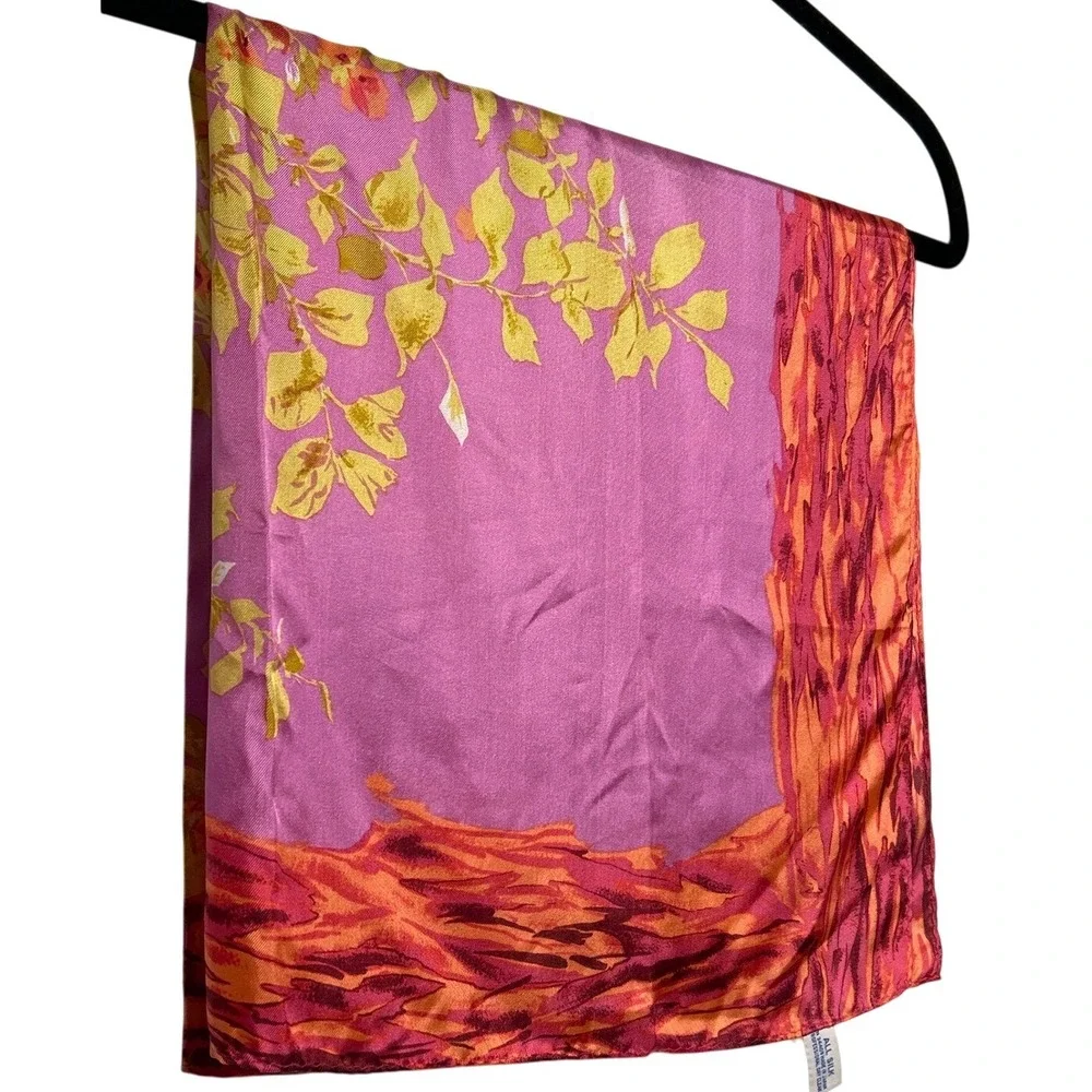 Vibrant Floral Silk Scarf Women Pink Orange Purple‎ Abstract Border